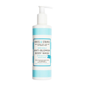 Spots & Stripes Anti-Blemish Body Wash 250ml in a white and blue striped tube. Gentle 94% natural body wash for teens and tweens targeting bacne, body acne, blemish-prone and bumpy body skin.