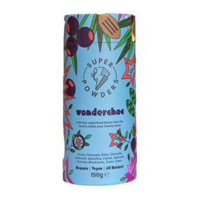 Super Powders Wonderchoc - 150-Grams (30-Servings) brown carton tub; Kids love the chocolatey taste of this superfood blend of veggies, fruits & seeds.