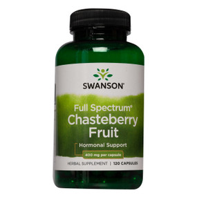 Swanson Chasteberry Fruit - 120-Capsules green bottle with black lid; helps to reduce hot flushes, achieve hormonal balance and is also commonly used to aid fertility.