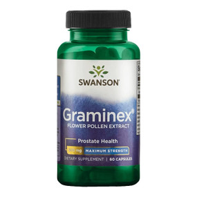 Swanson Graminex Flower Pollen Extract - 60-Capsules green bottle; aims to reduce swollen prostates or ease urinary tract malfunctions.