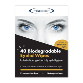 The Eye Doctor Biodegradable Eyelid Wipes - 40 individually wrapped wipes in a carton box;