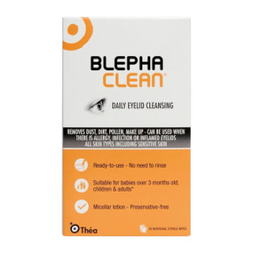 Thea Blephaclean - 20-Wipes box; wipes remove dust, pollen and discharge from your eyelids.