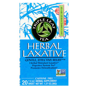 Triple Leaf Tea Herbal Laxative Tea - 20-Tea Bags box; Use this gentle but effective Senna Leaf and Dandelion Herbal Laxative Tea From Triple Leaf Tea to ease constipation and kick-start sluggish bowels.