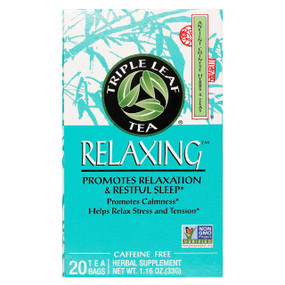 Triple Leaf Tea Relaxing Tea - 20-Tea Bags box; Containing highly potent nerve-calming herbs, this Caffeine-free Triple Leaf Relaxing Tea is the ideal way to set yourself up for a good night's sleep.
