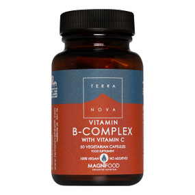 Terranova Vitamin B Complex with Vitamin C 50-capsules - brown amber glass jar with black plastic lid and brown label;  provides a complex of all B vitamins in a food state for maximum absorption together with vitamin C to help support the immune system, adrenal stress and healthy skin.