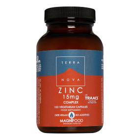 Terranova Zinc Complex - 15-mg 100-Capsules - brown amber glass jar with black lid and brown and grey label