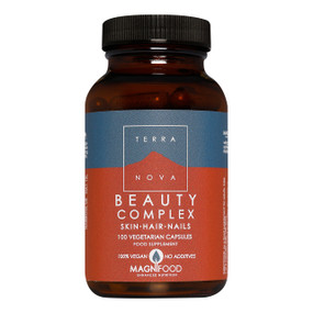 Terranova Beauty Complex - Skin, Hair and Nails - 100-Capsules brown amber glass jar with black lid and brown and grey label; a nutritional supplement that helps to strengthen and nourish your hair, skin and nails
