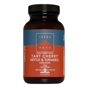 Terranova Tart Cherry, Nettle and Turmeric - 50-Grams brown amber glass jar with black lid and brown and grey label; blend is commonly used for joint pain and inflammation, rheumatism, gout and sports injuries.