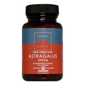 Terranova Astragalus - 500-mg 50-Capsules brown amber glass jar with black lid and brown and grey label;  capsules boost immunity to protect against infection.