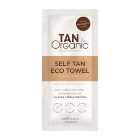 TanOrganic Self Tan Eco Towels in a white & brown plastic sachet