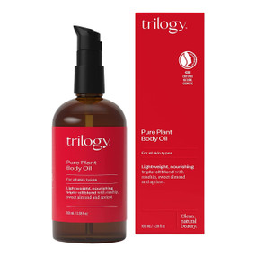 Trilogy Pure Plant Body Oil - 110-ml brown bottle with red label and red box; a fragrance-free body oil to hydrate, moisturise & nourish dry skin.