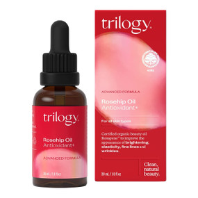 Trilogy Rosehip Oil Antioxidant+ - 30-ml brown dropper bottle with red label; to improve appearance of brightening, elasticity, fine lines and wrinkles