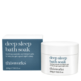 This Works Deep Sleep Bath Soak - 200-Grams tub and blue carton; soothing lavender and vertivert to help you get a good nights sleep