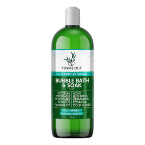 Thyme Out Bubble Bath & Soak - 470-ml green plastic  bottle; an all natural hypoallergenic bath soak for all the family including pets.