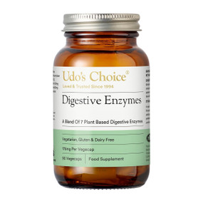 Udo's Choice Udo's Digestive Enzymes - 90-Capsules amber glass jar with green label; a vegetarian digestive enzymes supplement to help improve digestion