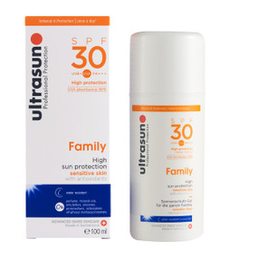 Ultrasun Family SPF30 - 100-ml front image; designed to deliver high UV protection in a formula that’s gentle on sensitive and children’s skin, helping to prevent prickly heat reactions.
