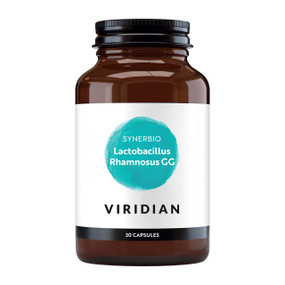 Viridian Nutrition Synerbio Lactobacillus Rhamnosus GG - 30-Capsules bottle; a friendly intestinal probiotic to help keep your gut healthy and free from harmful bacteria bacteria.