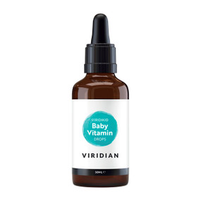Viridian ViridiKid Baby Vitamin Drops 50ml ambe glass container with dropper for easy and precise dosing; As recommended by the UK government, baby multivitamin drops contain vitamins A,C, and D suitable for babies from 6 months+ to 5 years.