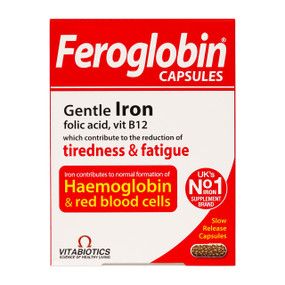 VitaBiotics Feroglobin B12 Capsules - 30-Capsules box; a unique iron supplement with zinc and vitamin B complex, formulated to deliver an optimum amount of iron to the body while remaining gentle on the stomach.