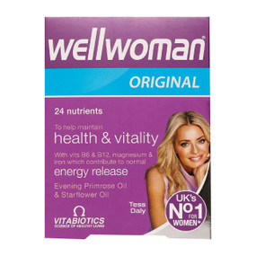 Vitabiotics Wellwoman® Original 30 capsules in a purple, cardboard box; a women's multivitamin to boost energy, for hormone balance, immunity support and skin health.