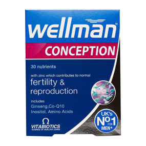 VitaBiotic Wellman® Conception - 30-Tablets box; a potent blend of nutrients to support mens fertility and reproductive health.