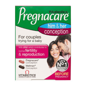 Vitabiotics Pregnacare Him & Her Conception  - 60-Tablets box; Pregnacare Him & Her Conception supports fertility with essential vitamins and minerals for both men and women trying to conceive.