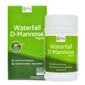 SC Nutra Waterfall D-Mannose Powder - 50-Grams white plastic container with green box; helps to treat cystitis, urine infection, UTI's and bladder infections quickly and safely.