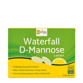 SC Nutra Waterfall D-Mannose Lemon - 1000-mg 50-Tablets green and yellow carton box;  Tablets in natural lemon flavour help to treat the symptoms of cystitis & is also used to prevent and treat a urine infection.