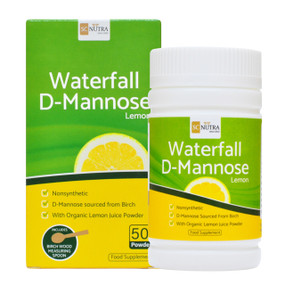SC Nutra Waterfall D-Mannose Lemon Powder - green and yellow carton box & 50-Grams white plastic tube with green and yellow label; helps to treat cystitis, urine infection, UTI's and bladder infections quickly and safely.