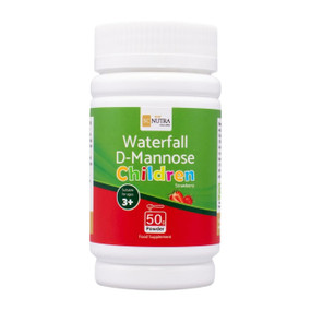 SC Nutra Waterfall D-Mannose Children - Strawberry - 50-Grams white plastic tub with red and green label