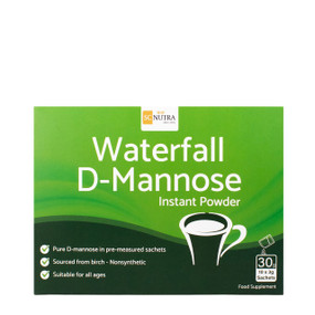 Waterfall D-Mannose Instant Powder Sachets - green cardboard box containing 10 x 3g sachets. D-mannose powder in sachets for urinary tract health on the go.
