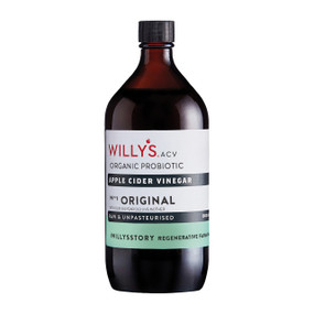 Willy's Apple Cider Vinegar - 1-Litre amber glass bottle with white and blue label; supports your overall health.