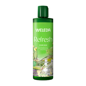 Weleda Refresh Shower Cream 400ml green plastic tube. A zesty and creamy body wash with organic lemon peel oil to refresh your skin and senses. Suitable for vegans.