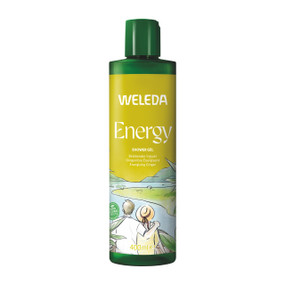 Weleda Energy Shower Gel 400ml green plastic tube & yellow label. Weleda ENERGY Shower Gel combines ginger, citronella, and cedarwood for an energising start to your day. This vegan, dermatologically tested formula gently cleanses and preserves your skin’s moisture, leaving it refreshed and hydrated