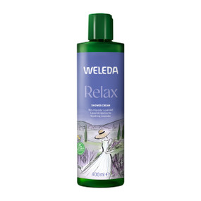 Weleda Relax Shower Cream 400ml in a green plastic tube & purple label; it is a creamy, calming body wash infused with a soothing blend of lavender, bergamot, and vetiver.