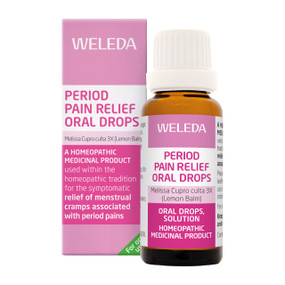 Weleda Homeopathic Period Pain Oral Drops. Pink bottle and pink box; this period pain remedy relieves symptoms of menstrual cramps and period pain gently but effectively.