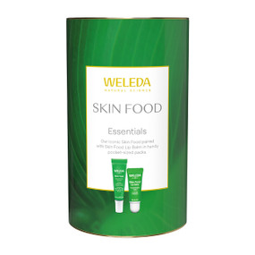 Weleda Skin Food Stocking Filler Gift Set in a green cardboard tube; nourish dry skin and lips on the go with the skin food stocking filler.