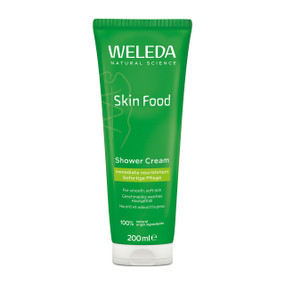 Weleda Skin Food Shower Cream 200ml in a green plastic tube;  a rich, creamy body wash made with 100% natural ingredients that gently cleanses and leaves skin feeling soft.