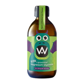 Well.Actually Kids Liposomal Magnesium Glycinate Liquid 250ml amber glass jar with Blue & green label