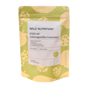 Wild Nutrition KSM-66® Ashwagandha Gummies for chidren, 60 gummies in a green & white compostable pouch.