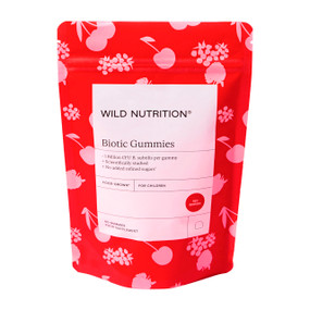 Wild Nutrition Children’s Food-Grown® Biotic Gummies 60 gummies in a pink & red compostable pouch.