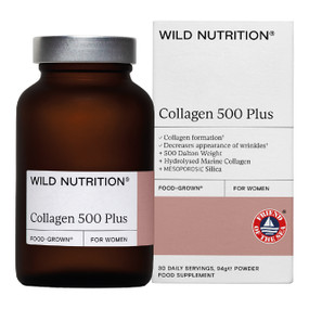 Wild Nutrition Collagen 500 Plus 94g in a brown glass jar & carton box;