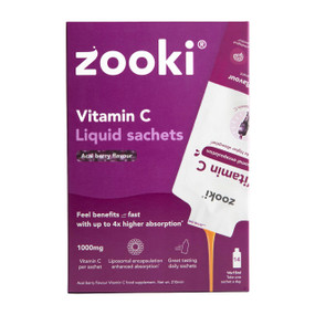 Zooki Vitamin C Acai Berry - 14 x 15ml purple carton box; delivers 1000mg highly absorbable liposomal Vitamin C per sachet with added Vitamins B12 & E.