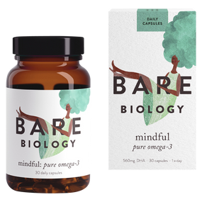 Bare Biology Mindful Omega 3 Fish Oil Capsules - 30-Capsules white box and brown glass jar with white label, for healthy brain function.