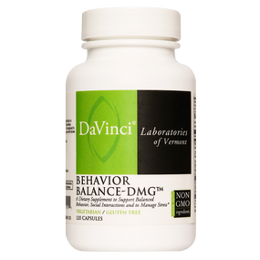 DaVinci Laboratories of Vermont Behavior Balance DMG - 120-Capsules ina white tub:
to balance behavior patterns and socialization skills, support stress coping mechanisms and immune system function