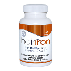 Hairmedic HairIron Tablets - 30-mg 90-Tablets white and red plastic bottle; an iron supplement designed to treat thinning hair caused by low levels of iron.