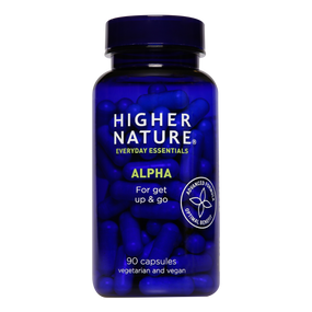 Higher Nature Alpha 90-capsules -Blue plastic bottle; contains alpha lipoic acid & acetyl l-carnitine to hold back the years