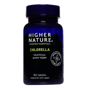 Higher Nature Chlorella Tablets - 180-Tablets in a blue plastic bottle; benefits include helping to detoxify the whole body including skin, calming the GI tract and also supplying digestive enzymes to break down food more efficiently.