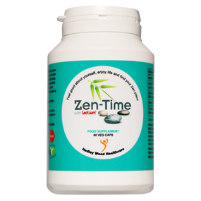 Hadley Wood Healthcare Zen-Time with Lactium – 60-capsule bottle with a green label; a natural remedy for sleep and contians Lactium® milk peptides with two other key nutrients, Vitamin B6 and Magnesium.