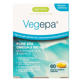 Igennus VegEPA - 560-mg 60-Capsulesin a blue and white box; fish oil with evening primrose oil, high strength omega-3 EPA & omega-6 GLA